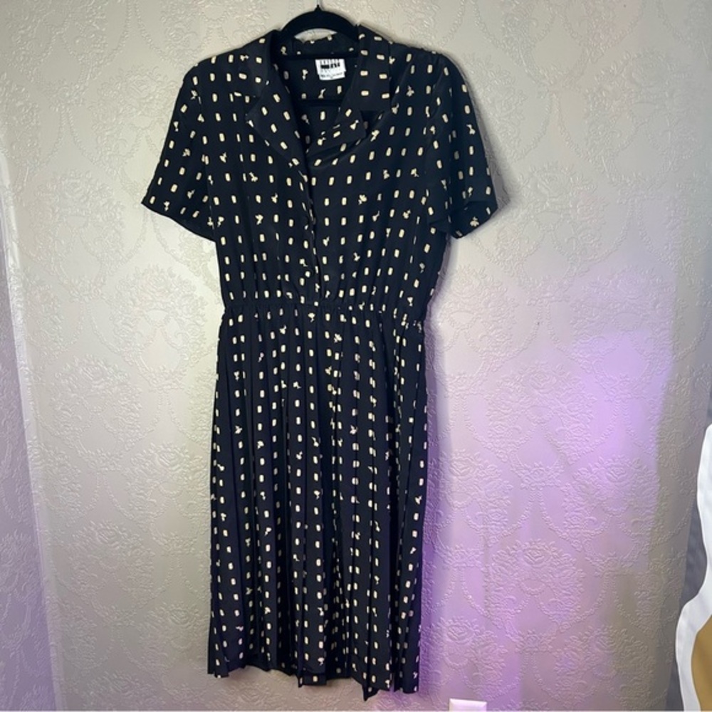 Black and Gold Patterned Dress vintage Leslie Fay Petite 10